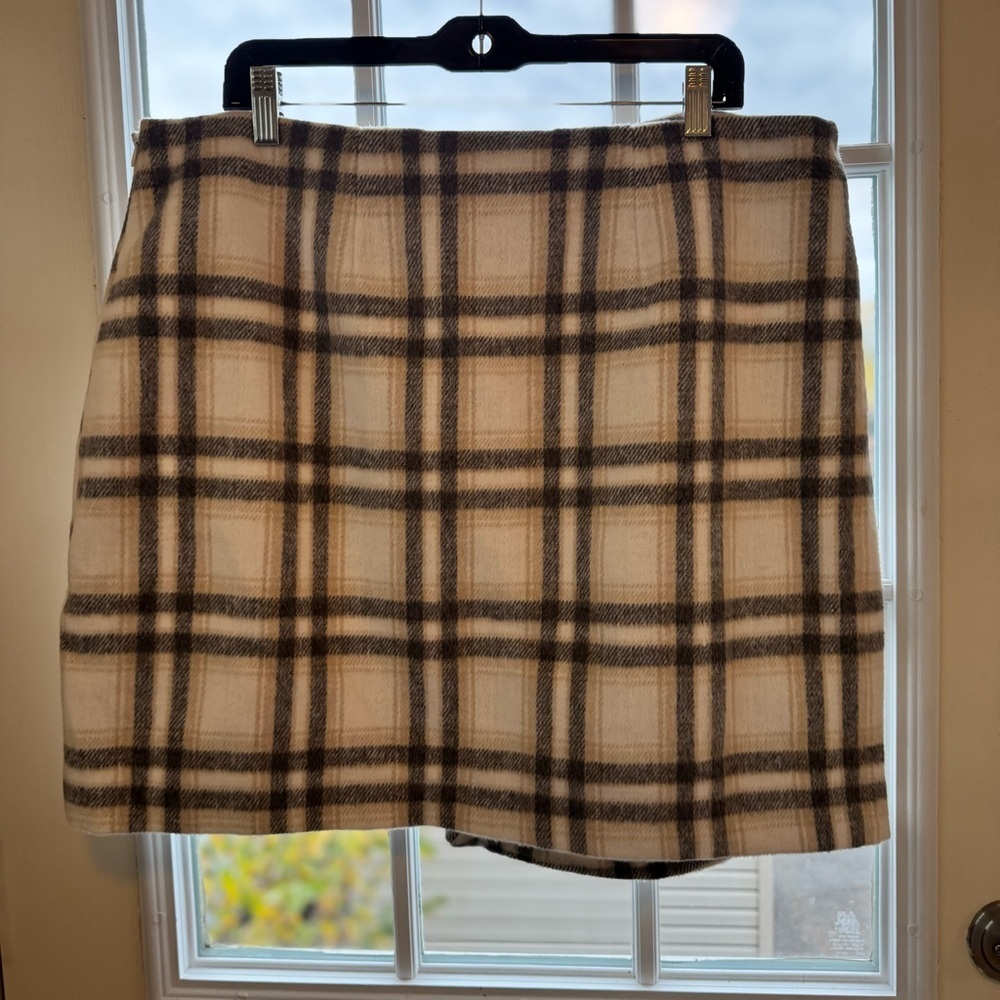 Retro Bagatelle Plaid Mini Skirt Beige Gray A-Line High Waist Size XL - Picture 6 of 9
